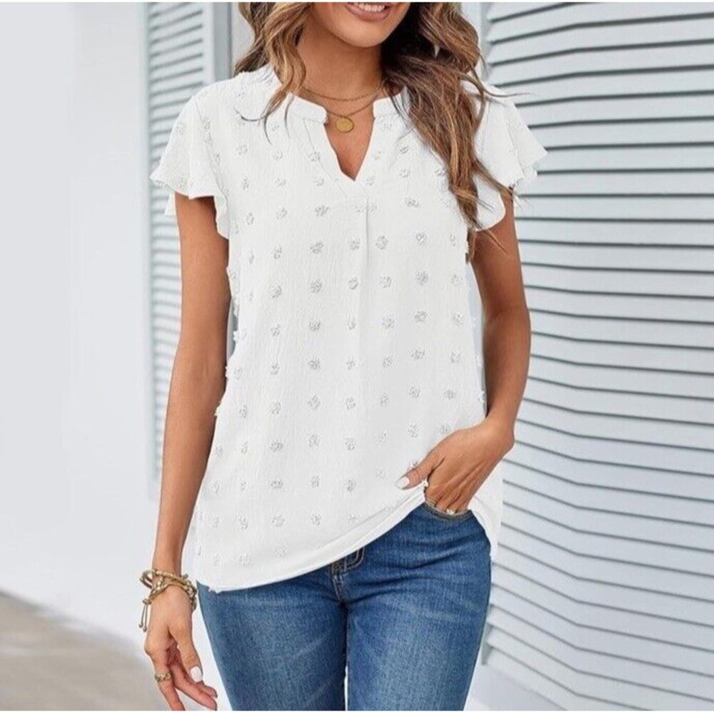 Fantaslook Blouse Womens M White V-Neck Ruffle Swiss Dot Flowy Top Casual Boho